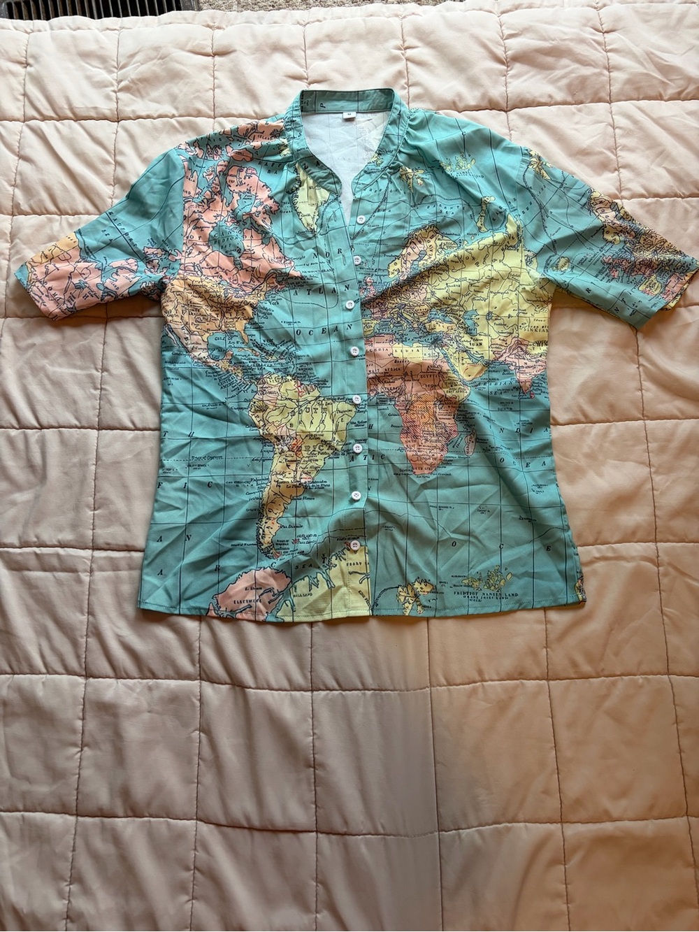 Map Print Short-Sleeve Button-Down Shirt - Teal